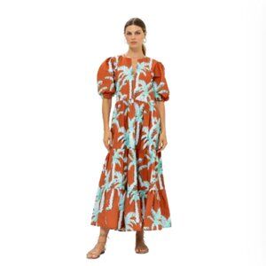 Oliphant Maxi Dress Womens 2XL Brown Blue Crew Neck Short Puff Sleeve Cotton